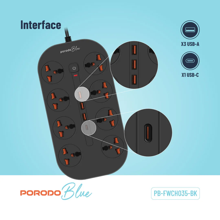 Porodo Power Strip PBFWCH035BK - 8 AC Outlets, USB-C & USB-A, Black