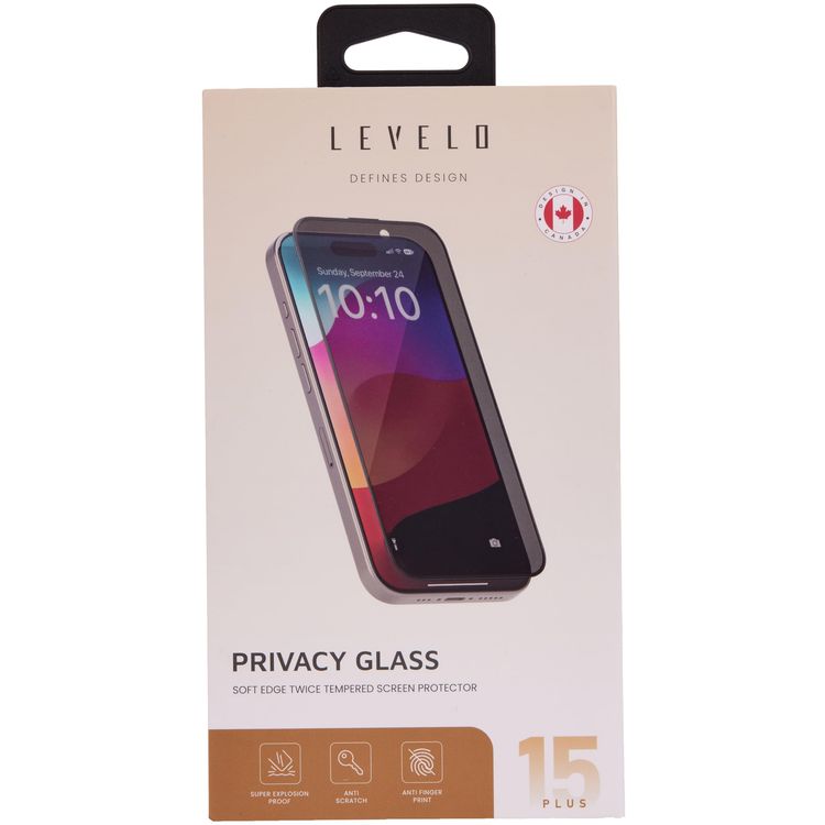 Levelo Screen Protector iPhone 15 Plus - Privacy, Twice-Tempered Glass, Black