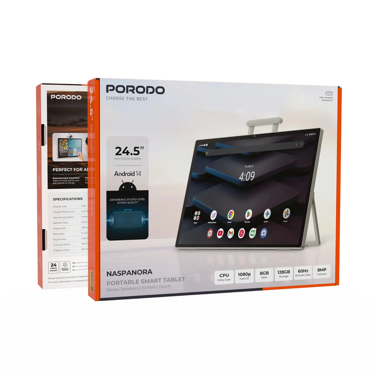 Porodo Naspanora شاشة ذكية محمولة 24.5 بوصة، 8+128 جيجابايت أندرويد 14، PDSSK245WH - أبيض