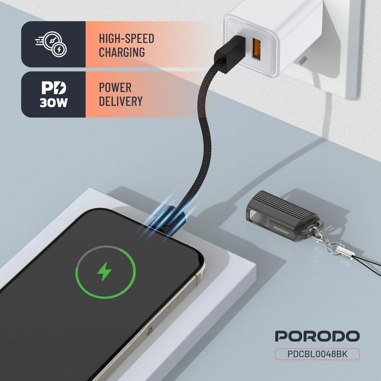 Porodo ChargeLoop USB-C to USB-C Cable PDCBL0048BK - 30W Fast Charge, Black