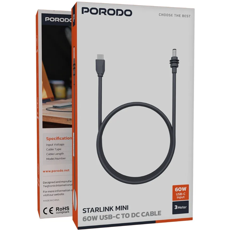 Porodo USB-C to DC Cable Starlink Mini PDCCTR96CGY - 60W, Gray