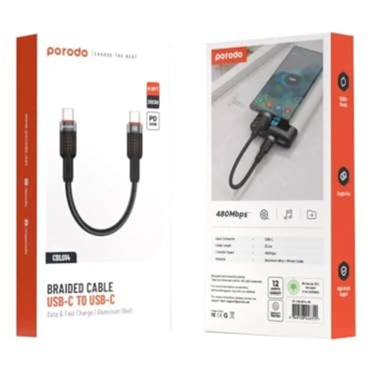 Porodo USB-C to USB-C Cable PD-CBL0014-BK - 25cm, 60W PD, Black