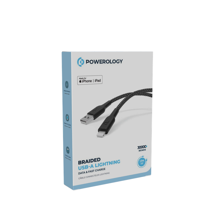 Powerology USB-A to Lightning Cable P23BRAL12BK - Braided 1.2M, Black