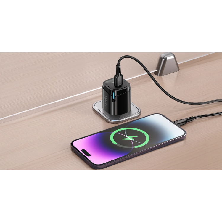 Porodo USB-A Wall Adapter PDFWCH109BK - 18W QC, Black, with Lightning Cable