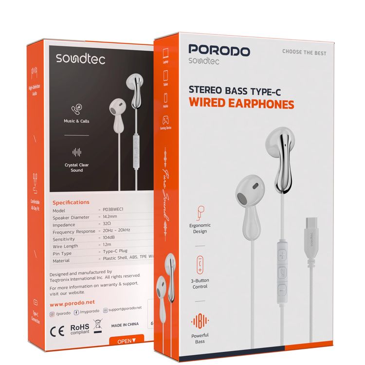 Porodo Wired Earphones Soundtec PD3BWEC1WH - 3-Button Control, White