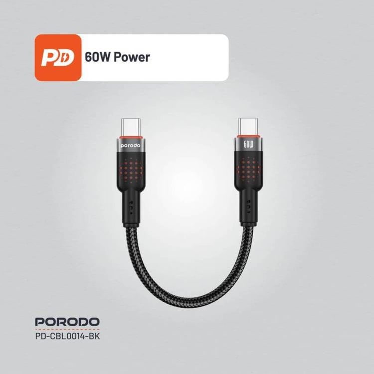 Porodo USB-C to USB-C Cable PD-CBL0014-BK - 25cm, 60W PD, Black