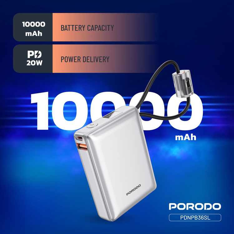 Porodo Power Bank Petite PDNPB36SL - 10000mAh, Type-C & Lightning, Silver