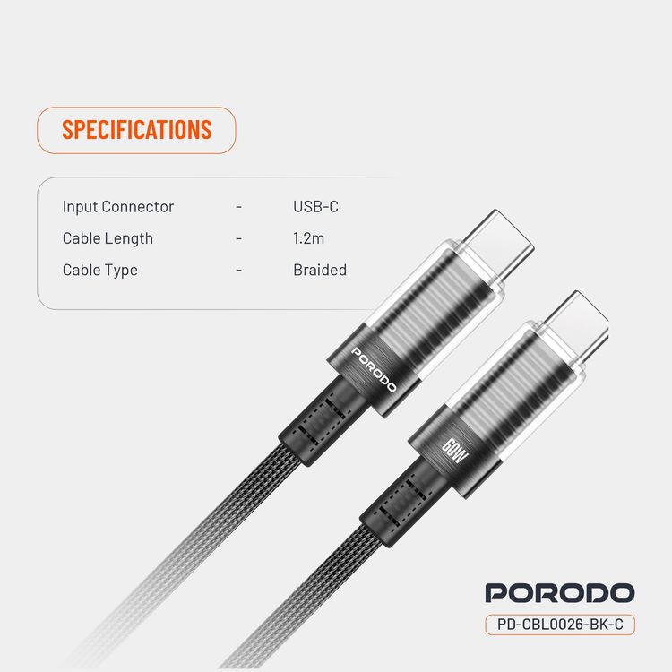 Porodo USB-C to USB-C Cable PD-CBL0026-BK - 60W PD, Braided, Black