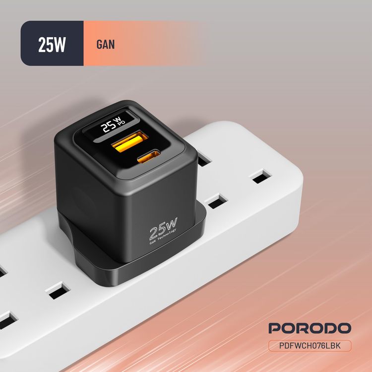 Porodo Multi-Port Charger PDFWCH073CBK - 100W GaN, 2x USB-C & USB-A, Black