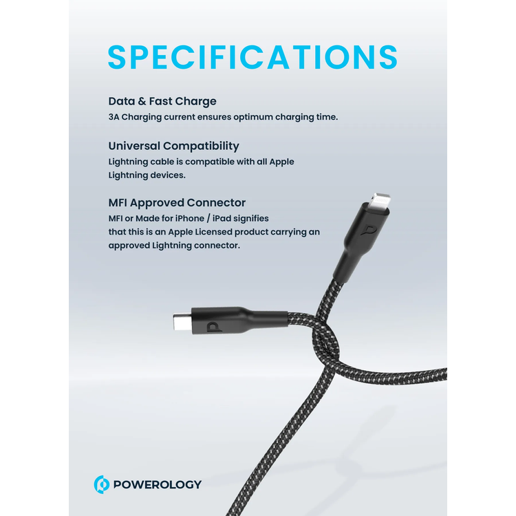 Powerology USB-C to Lightning Cable PCAB006BK - Braided 30cm, Black