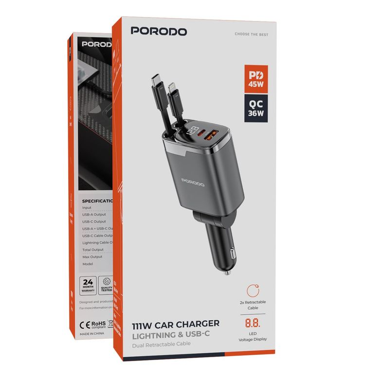 Porodo Car Charger PDC46PGY - 111W PD 45W USB-C & QC 36W USB-A, Retractable Cables