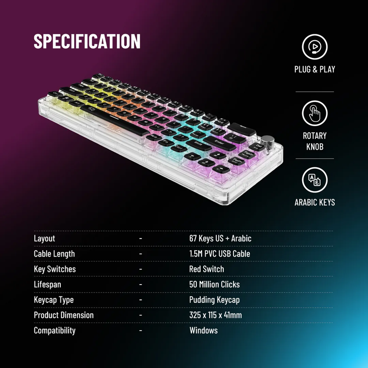 Porodo Mechanical Keyboard PDX223 - 67 Keys, Transparent, Pudding Keycaps, Rotary Knob