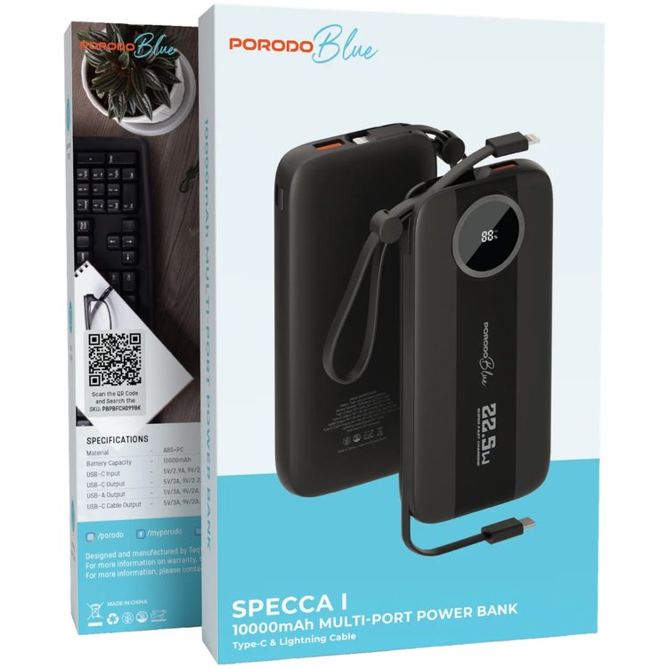 Porodo Power Bank Blue Specca I - 10000mAh, Type-C & Lightning, Black