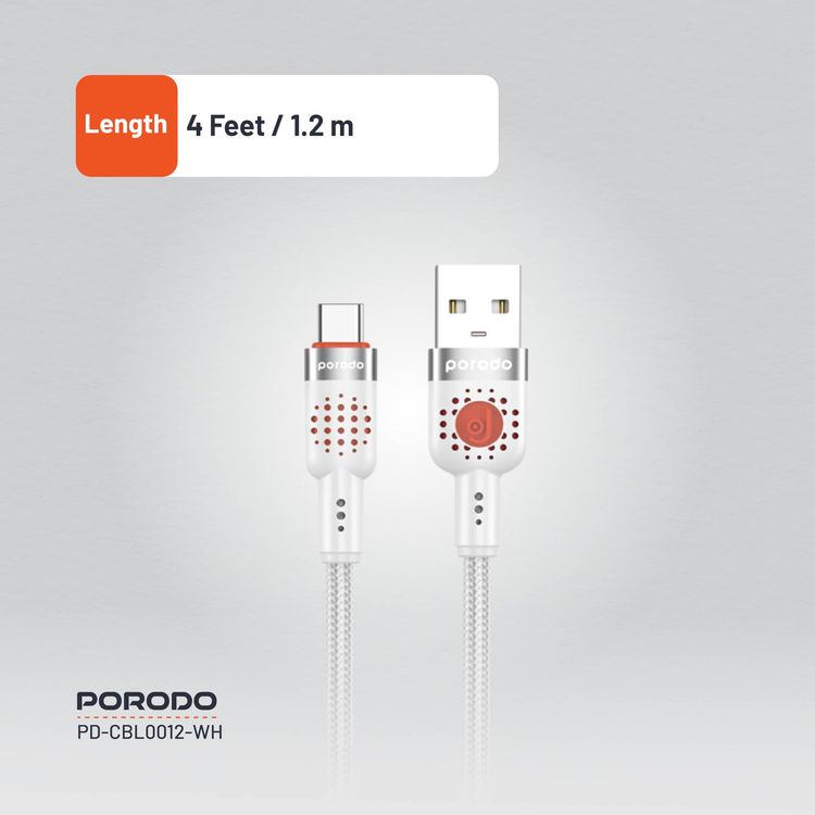 Porodo USB-A to USB-C Braided Cable PDCBL0012WH - 1.2m, Fast Charging, White