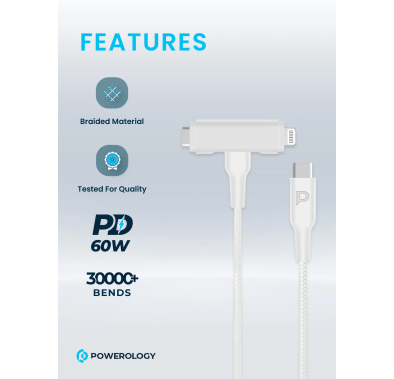 Powerology Braided USB-C to USB-C + Lightning Cable PCAB0...