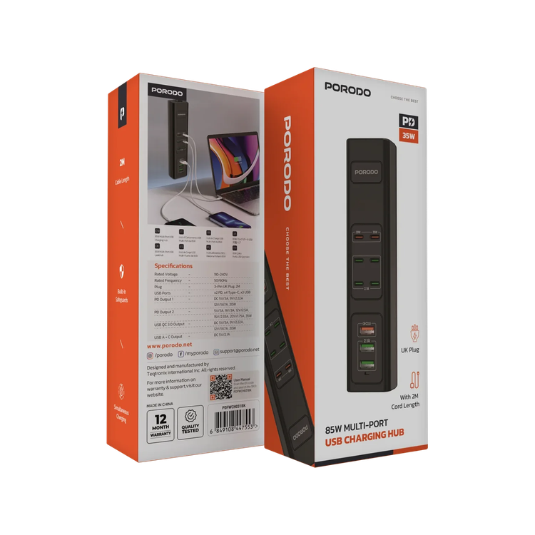 Porodo USB Charging Hub PDFWCH031BK - 85W Multi-Port, Black