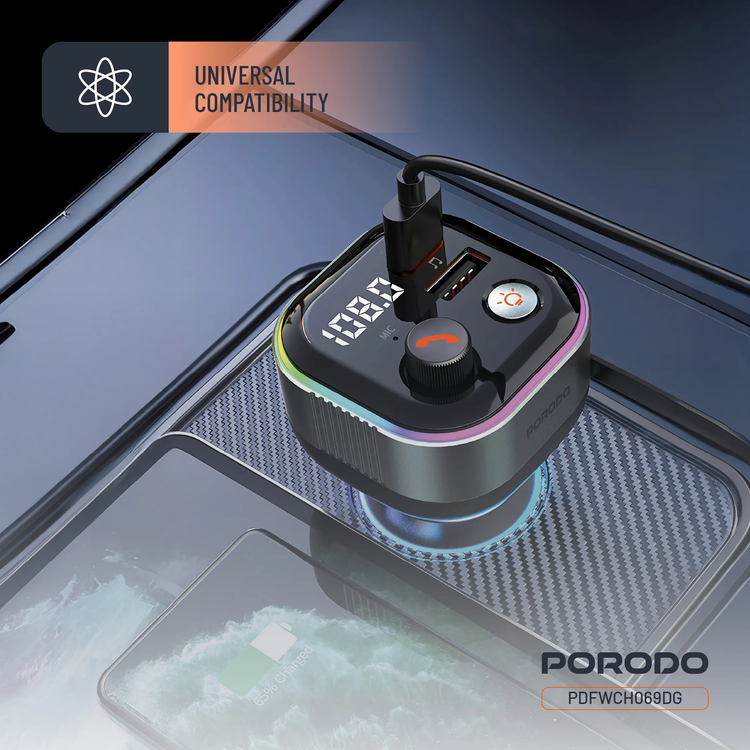 Porodo Bluetooth FM Transmitter & 65W PD Car Charger PDFWCH069DG - Retractable Type-C, Dark Gray