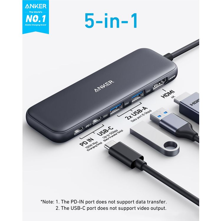Anker 5-in-1 USB-C Hub, 4K HDMI Support, A8355H11 - Black