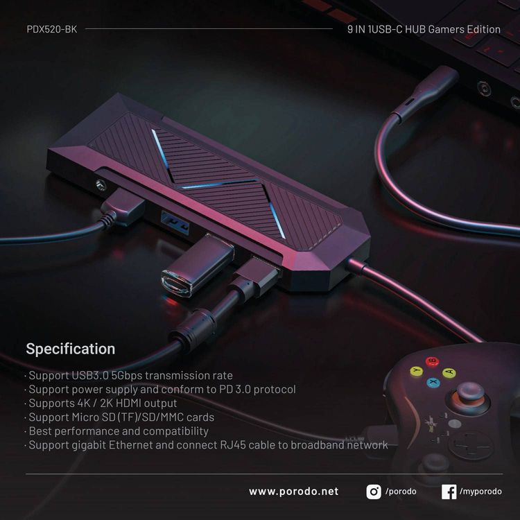 Porodo USB-C Hub PDX520-BK - 9-in-1, 100W PD, RGB, Black