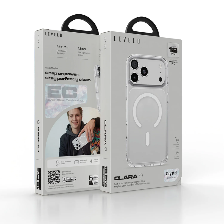 غطاء Levelo CLARA MagSafe لجهاز iPhone 18 Pro، مقاوم للصدمات - شفاف