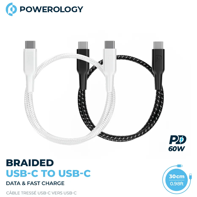 Powerology USB-C Cable PCAB008-WH - 60W PD, Braided, White