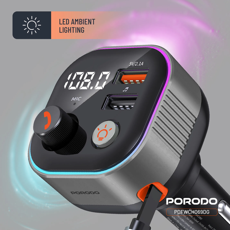 Porodo Bluetooth FM Transmitter & 65W PD Car Charger PDFWCH069DG - Retractable Type-C, Dark Gray