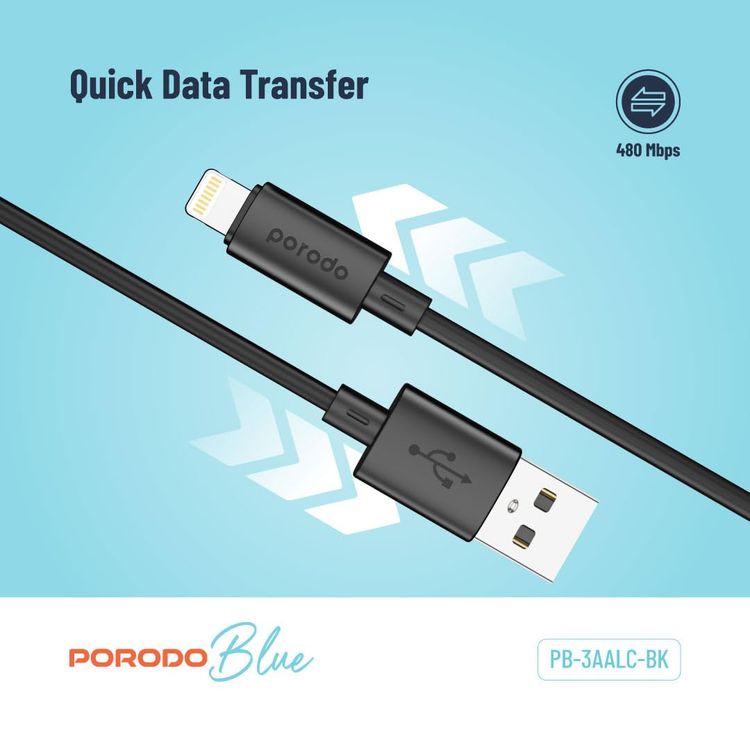 Porodo USB-A to Lightning Cable PB-3AALC-BK - 3A Fast Charge, Black