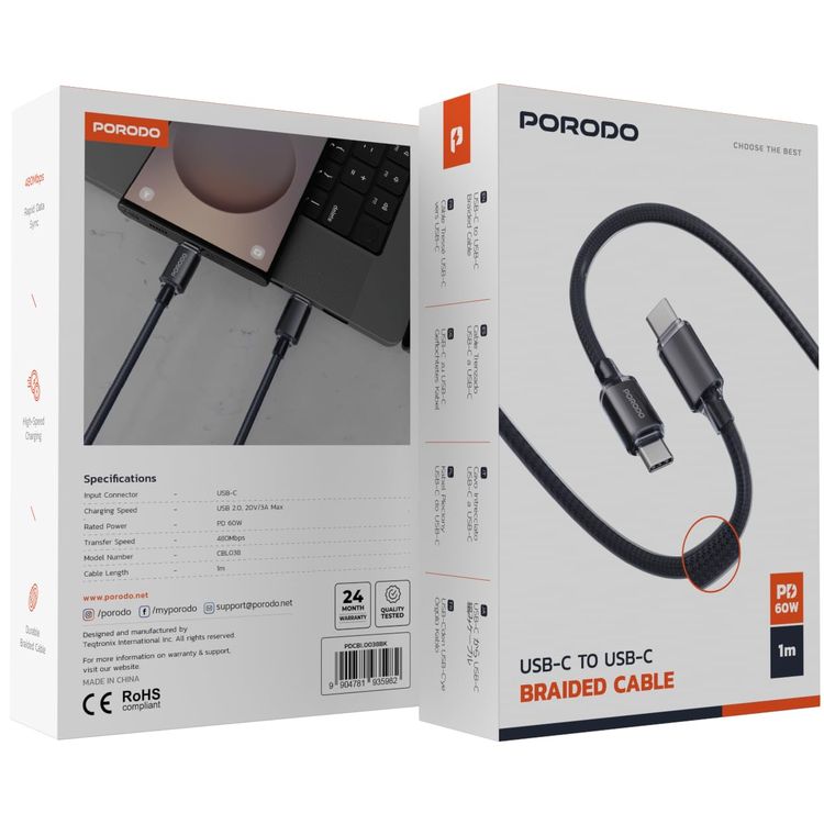 Porodo USB-C Cable PDCBL0038BK - 60W PD, 1m Braided, Black