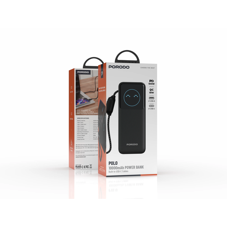Porodo Power Bank POLO PDPBFCH0102BK - 10000mAh 100W, Black