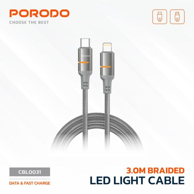 Porodo USB-C to Lightning Cable PDCBL0031GYC - 30W Fast Charging, 3m, Gray