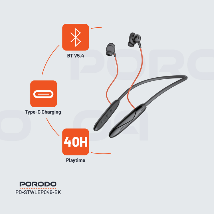 Porodo Neckband Earphones PDSTWLEP046BK - ENC, Bluetooth 5.3, Black