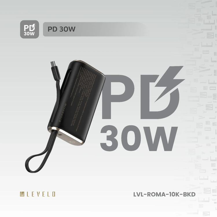 LEVELO Power Bank Roma 10000mAh - 30W PD, Apple Watch Charger, Black