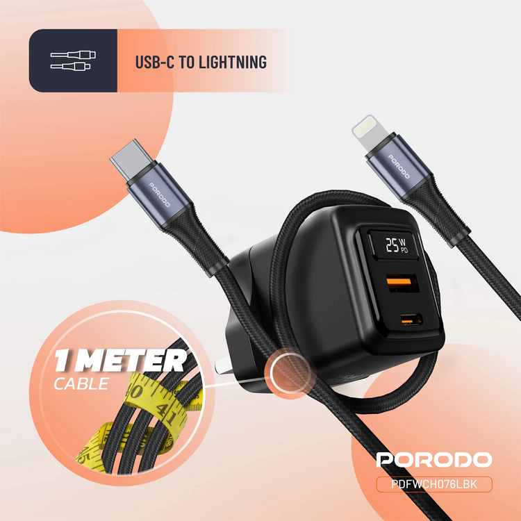 Porodo PD Charger PDFWCH076LBK - GaN Dual-Port 25W with Type-C to Lightning Cable