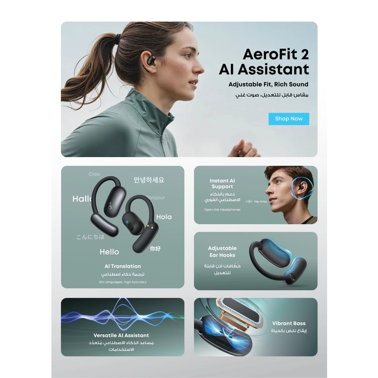 Soundcore AeroFit 2 AI Edition Open-Ear Headphones, Real-Time Translation - Black