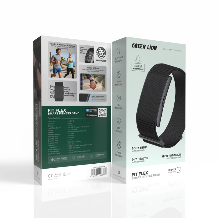 Green Lion Fit Flex Smart Fitness Band, G-BAND 5, High-Precision Sensors - Black
