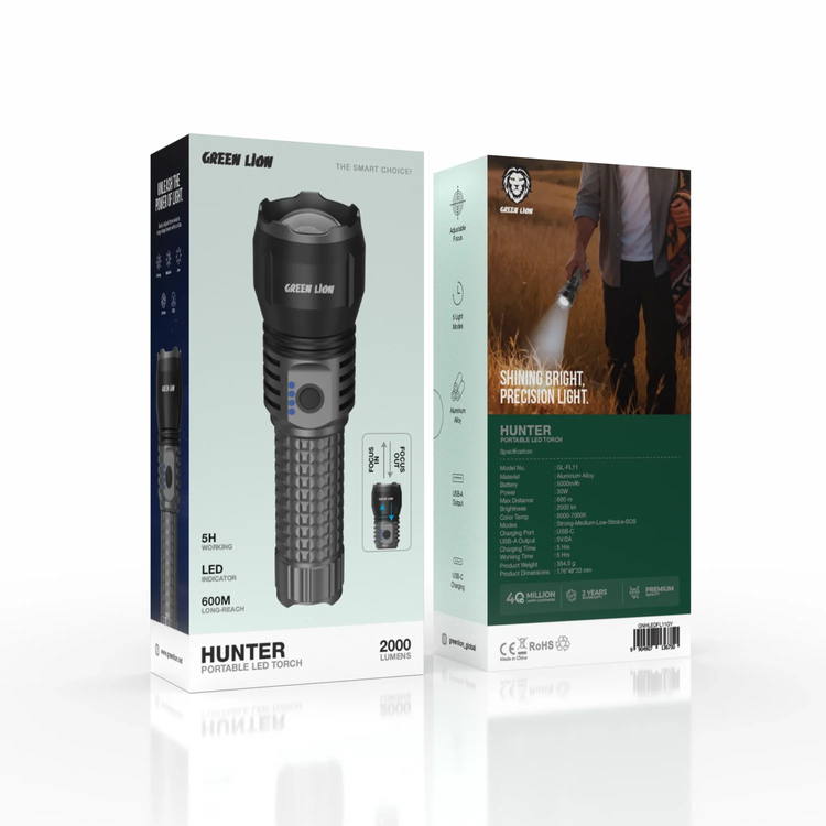 Green Lion Hunter LED Torch GNHLEDFL11GY - 2000 Lumens, Grey