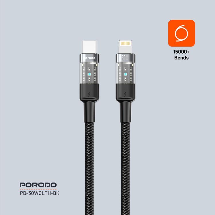 Porodo USB to Lightning Cable PD-30WCLTH-BK - 30W Fast Charging, 1.2M, Black