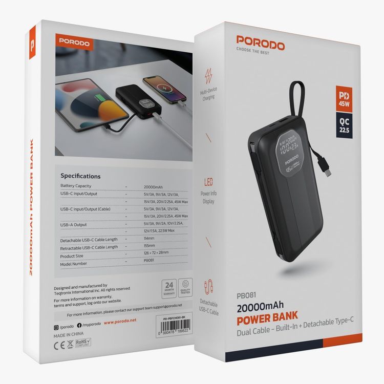 Porodo Power Bank PD-PBFCH066-BK - 20000mAh 130W Bi-Directional, Black