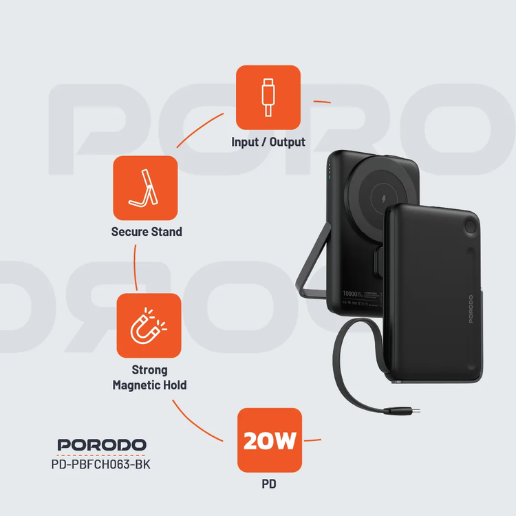 Porodo Power Bank PDPBFCH065BK 10000mAh with Type-C Stand - Black