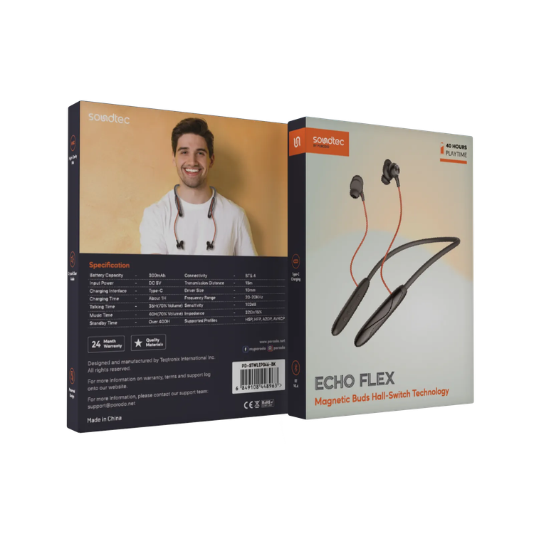 Porodo Neckband Earphones PDSTWLEP046BK - ENC, Bluetooth 5.3, Black