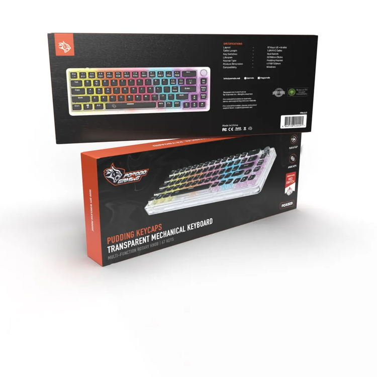 Porodo Mechanical Keyboard PDX223 - 67 Keys, Transparent, Pudding Keycaps, Rotary Knob