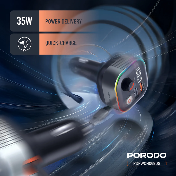 Porodo Bluetooth FM Transmitter & 65W PD Car Charger PDFWCH069DG - Retractable Type-C, Dark Gray