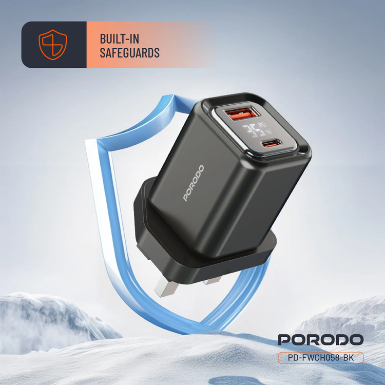 Porodo Dual-Port Quick Charger PD-FWCH058-BK - Digital Display, Black