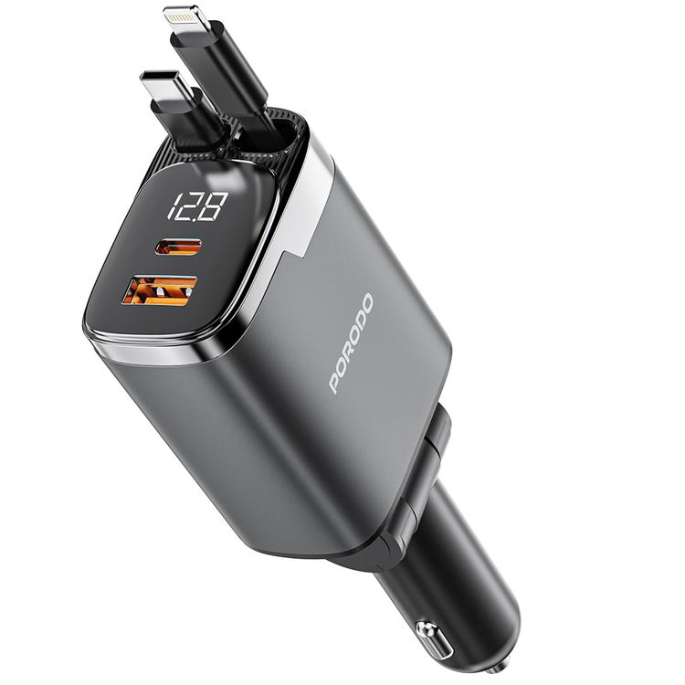 Porodo Car Charger PDC46PGY - 111W PD 45W USB-C & QC 36W USB-A, Retractable Cables