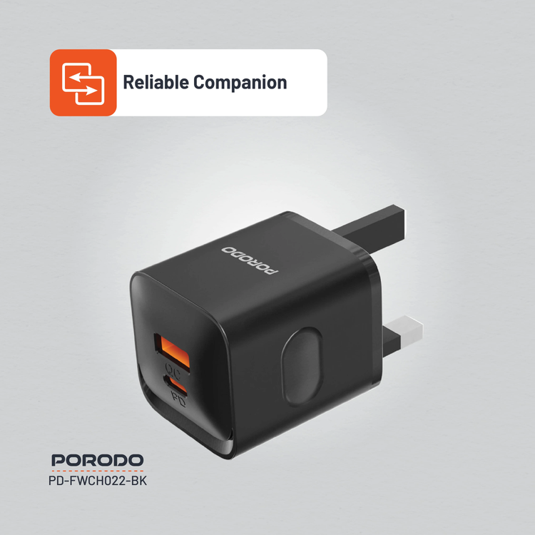 Porodo Wall Charger PDFWCH022BK - Dual Port 20W, Black
