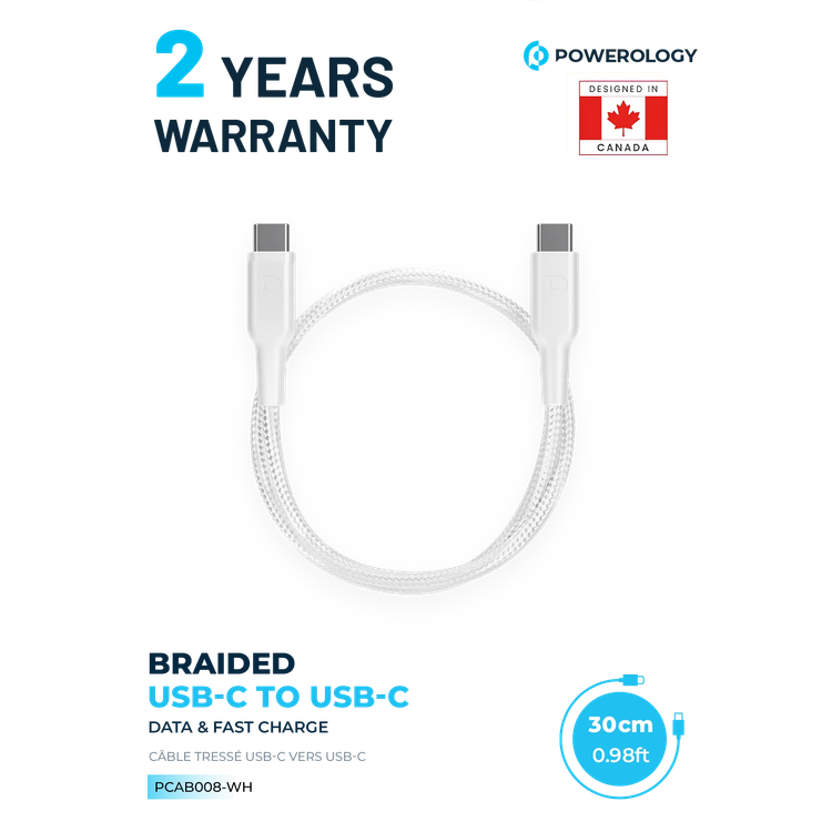 Powerology USB-C Cable PCAB008-WH - 60W PD, Braided, White