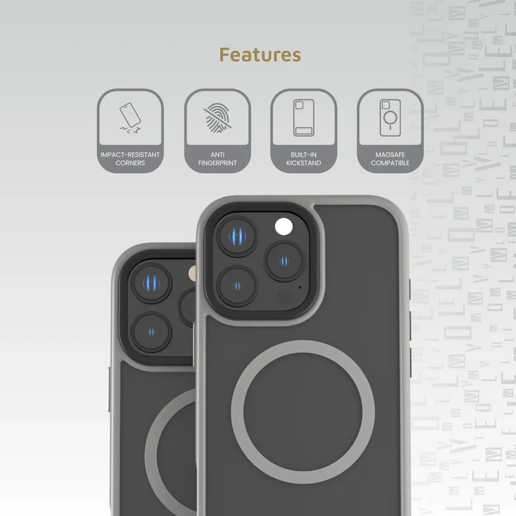 LEVELO Matteo Case iPhone 16 Pro- Bottom Stand Grip, Grey