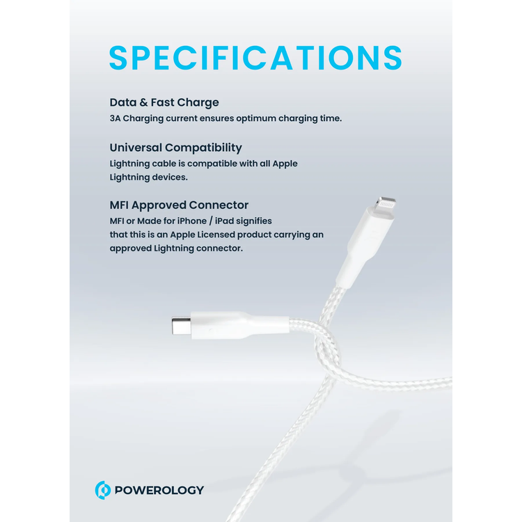Powerology USB-C to Lightning Cable PCAB006WH - Braided 30cm White