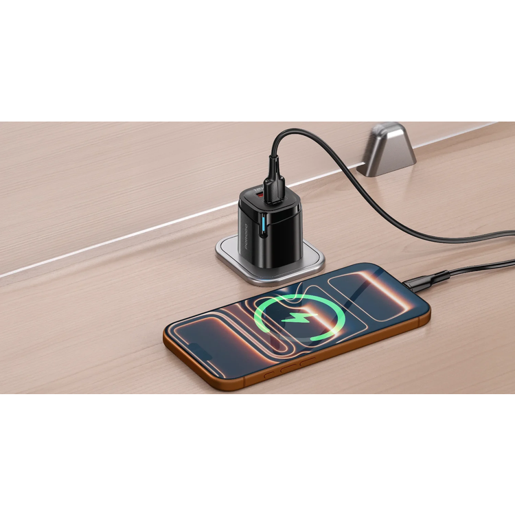 Porodo Wall Adapter PDFWCH110ACBK - Dual USB-A Ports with USB-A to USB-C Cable, Black