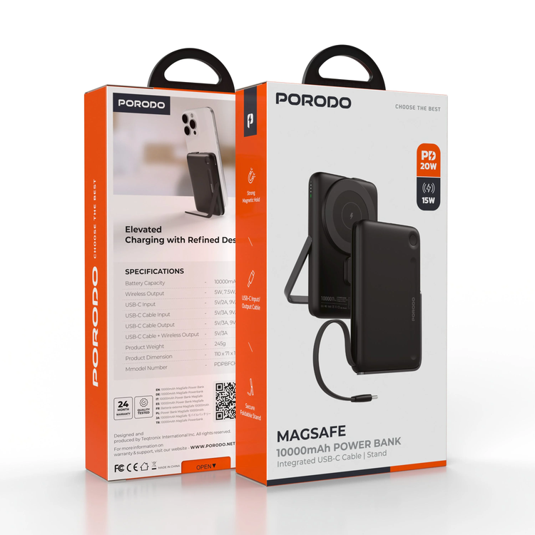 Porodo Power Bank PDPBFCH065BK 10000mAh with Type-C Stand - Black